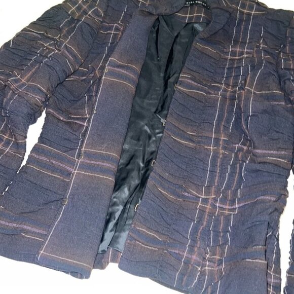 Zara woman dark blue wool ruched plaid jacket size Small - Picture 7 of 15